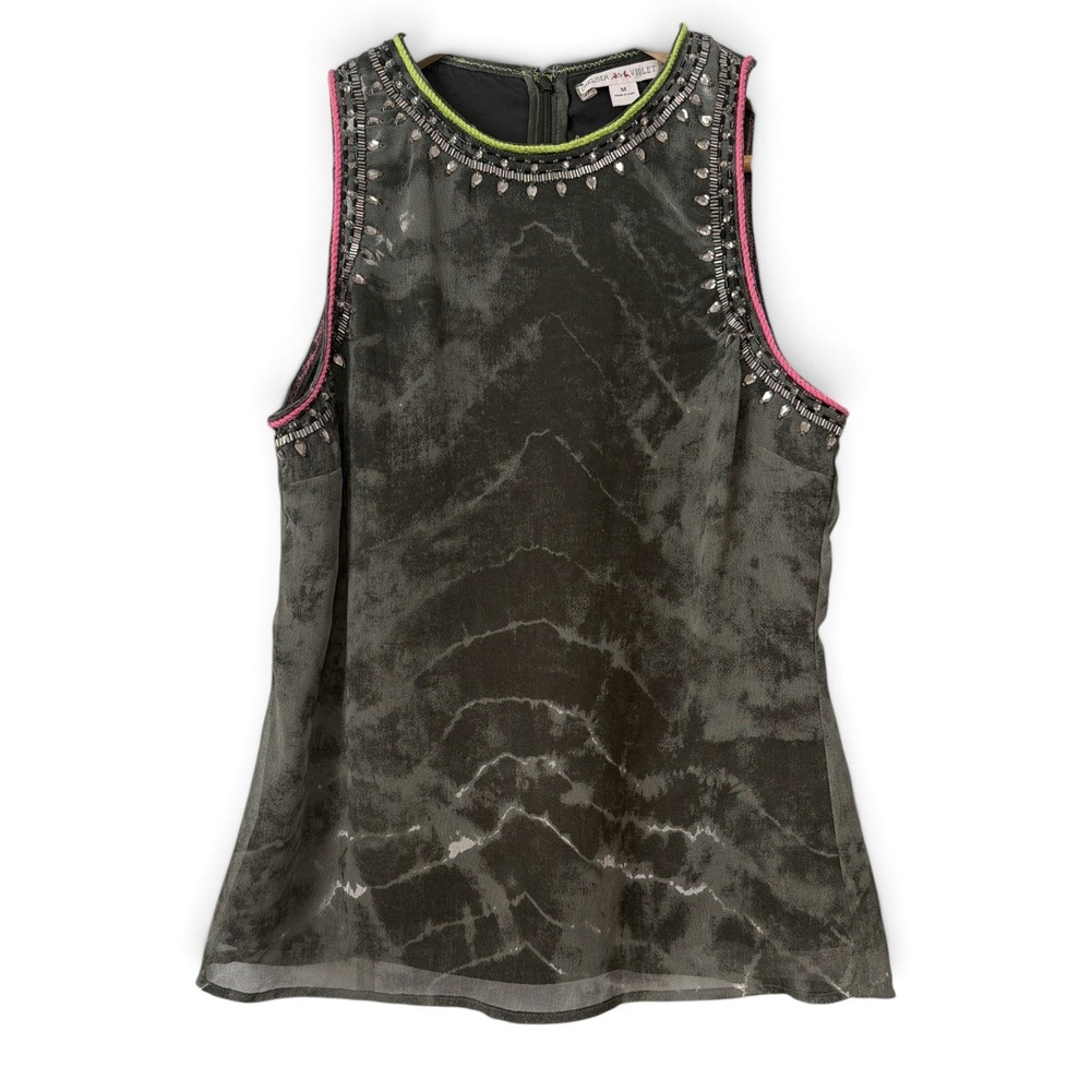 Chelsea & Violet Women Green Acid Wash Beaded Sleeveless Embellished Top Medium